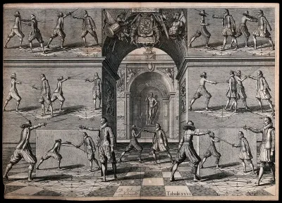 Men fencing. Engraving by Scheltus a Bolswert