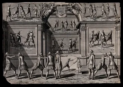 Men fencing. Engraving by Willem Jacobsz. Delff