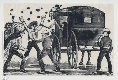 Men fighting near a horse and carriage