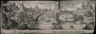 Men fishing from the banks of the river and from a bridge spanning the water