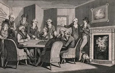 Men gathered around a table as Philidor plays a game of chess wearing a blindfold