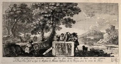 Men gathering around an ancient relief in a landscape outside Paris with a view of a castle in the distance