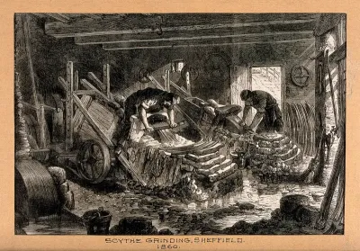 Men grinding scythes in Sheffield