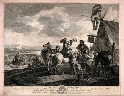 Men have arrive at an encampment on horses, one is blowing a bugle and another is persuading a young woman to have a drink