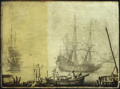 Men in a boat with two Dutch ships nearby