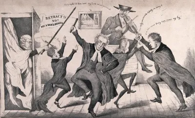 Men in clerical dress are dancing to the tune the man is playing on his fiddle