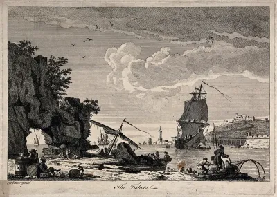 Men in fishing boats near a harbour