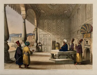 Men in the decorated palace of Shah Shujah Ool Moolk, Afghanistan