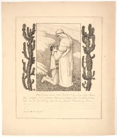 "Men Isaak kunde ikke forstaae ham,..." Isak omfavner Abraham. Illustration til Stemning af Søren Kierkegaards "Frygt og bæven"