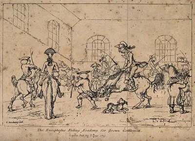 Men learning to ride at an equestrian school: one horse is misbehaving