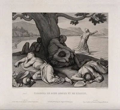 Men lie sleeping under a tree; one sows seeds; representing the biblical parable of the sower