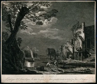 Men mooring their boats on a quayside in moonlight; representing night