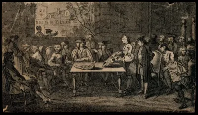 Men of fashion attending a lecture on the anatomy of the horse