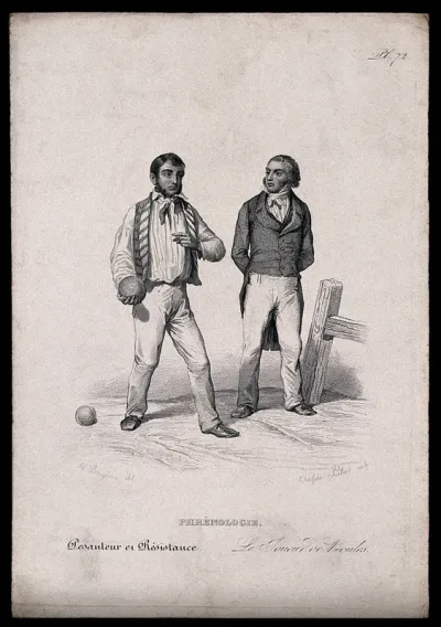 Men of opposing social classes in a game of boules; illustrating the faculty of weight and resistance in phrenology