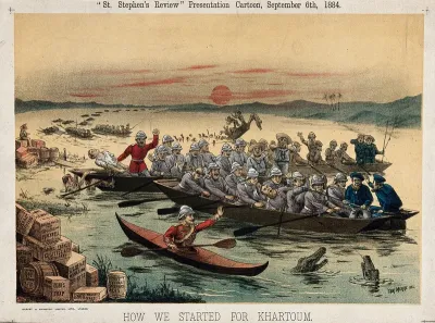 Men on rowing boats heading towards Khartoum, Sudan; representing the relief of General Gordon's expedition