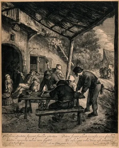 Men playing backgammon outside in an arbor, nearby others smoke and drink