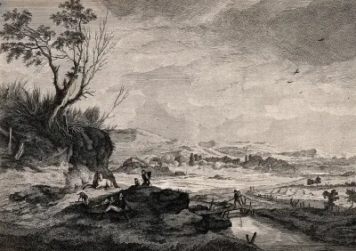 Men resting on a grassy bank with a horse and a dog, one man is walking across the bridge with a stick in his hand