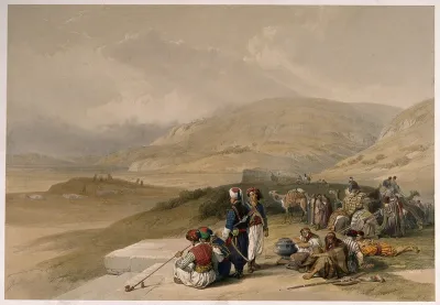 Men resting their camels and smoking by Jacob's Well at Shechem, Palestine
