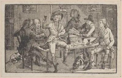 Men seated around a punch bowl, with a hunter offering a toast