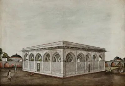 Men sitting and standing outside a Mughal mausoleum