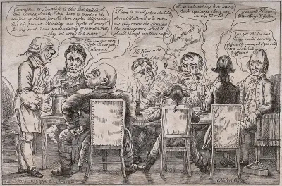 Men sitting around a candle-lit table, talking about politics, smoking and drinking