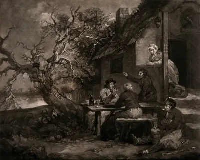Men sitting at a table in a garden outside a tavern, smoking and drinking as a young woman joins in the conversation