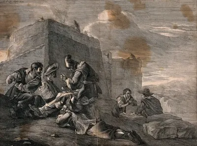 Men sitting or lying on the hillside outside the walls of a city, playing cards