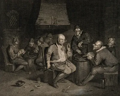 Men smoking, drinking and singing in a dingy smoke den