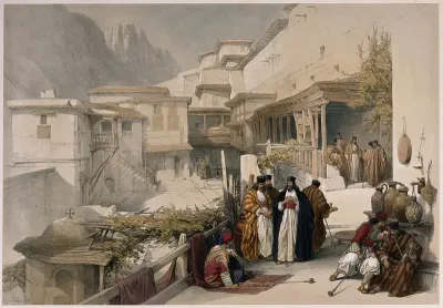 Men talking and smoking in the Convent of St