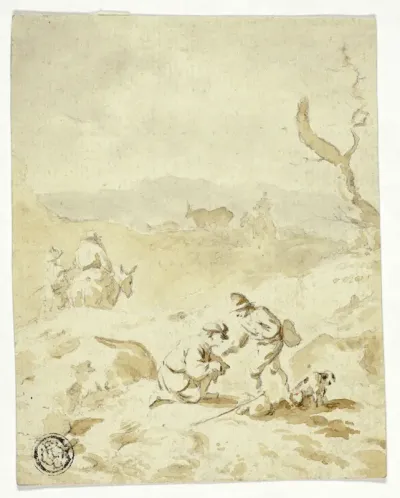 Men Traveling Through Hills with Mules, Packs and Dog