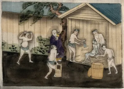 Men washing the body of a recently deceased man in a Japanese bath-house