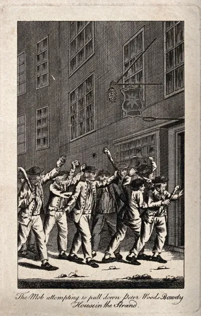 Men with clubs break down the door of a London brothel to take their revenge for being robbed