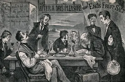 Men with hangovers after a night's heavy drinking; advertising Eno's Fruit Salt