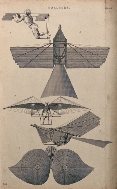 Men with various flying machines strapped to them