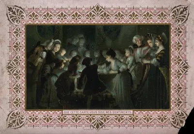 Men, women and children are crowding round a table reaching towards a bowl in the middle