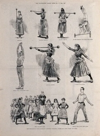 Men, women and children are performing a variety of physical exercises