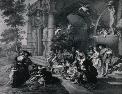 Men, women and children are playing and sitting on the grass near a fountain in a park