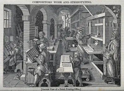 Men working at a printing press, proofing copy, inking, and setting type