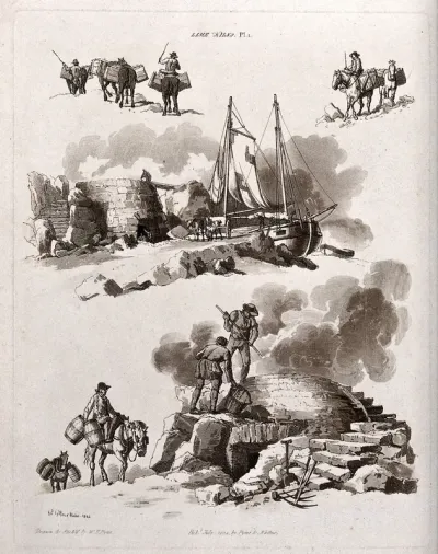 Men working in lime kilns: some are loading a boat, others are firing the kilns, and donkeys carry away loaded panniers
