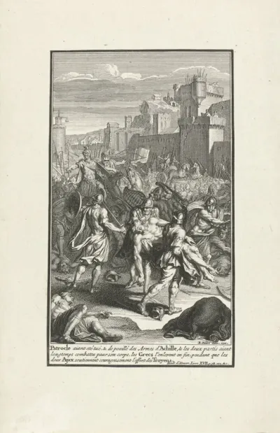 Menelaos draagt het lichaam van Patroclus van het slagveld