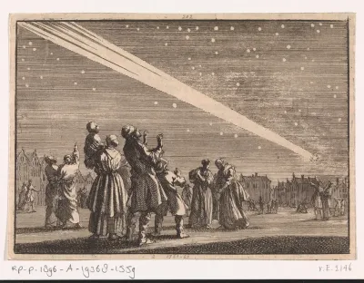 Menigte mensen aanschouwt een komeet, 1680-1681