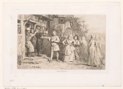 Menigte vrouwen voor een herberg met drinkers