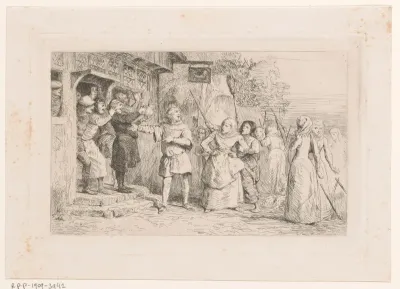 Menigte vrouwen voor een herberg met drinkers