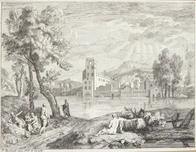 Mennesker på en flodbred, i baggrunden et kloster