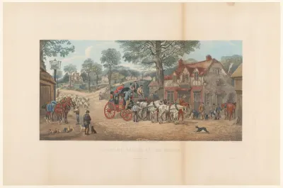 Mensen en paarden in een dorpsstraat