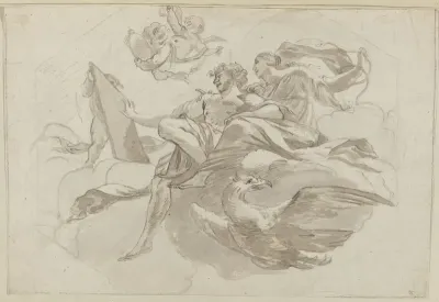 Mensfiguren en putti met een adelaar in de wolken