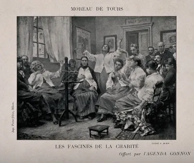 Mentally ill people at the Charité hospital sitting and looking at a piece of apparatus (camera?)