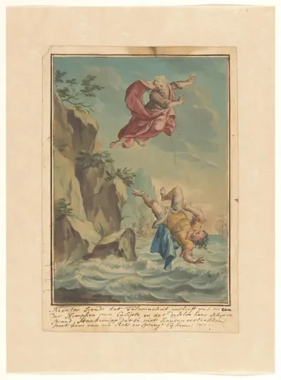 Mentor gooit Telemachus van een rots en springt hem achterna