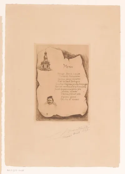 Menu gedecoreerd met voorstelling van een toren en een portret van een onbekende vrouw