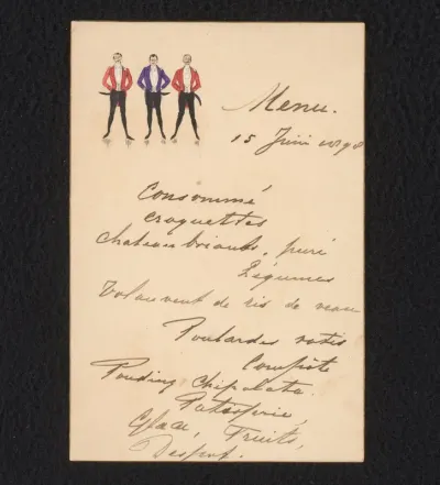 Menukaart voor een diner op 15 juni 1898